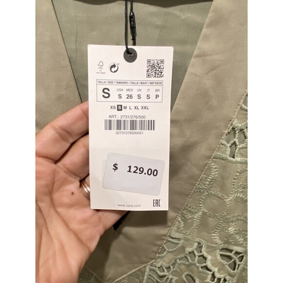 New Zara Women's Embroidered Lace Oversized Dress Kaftan Sage Green Small - Picture 6 of 8